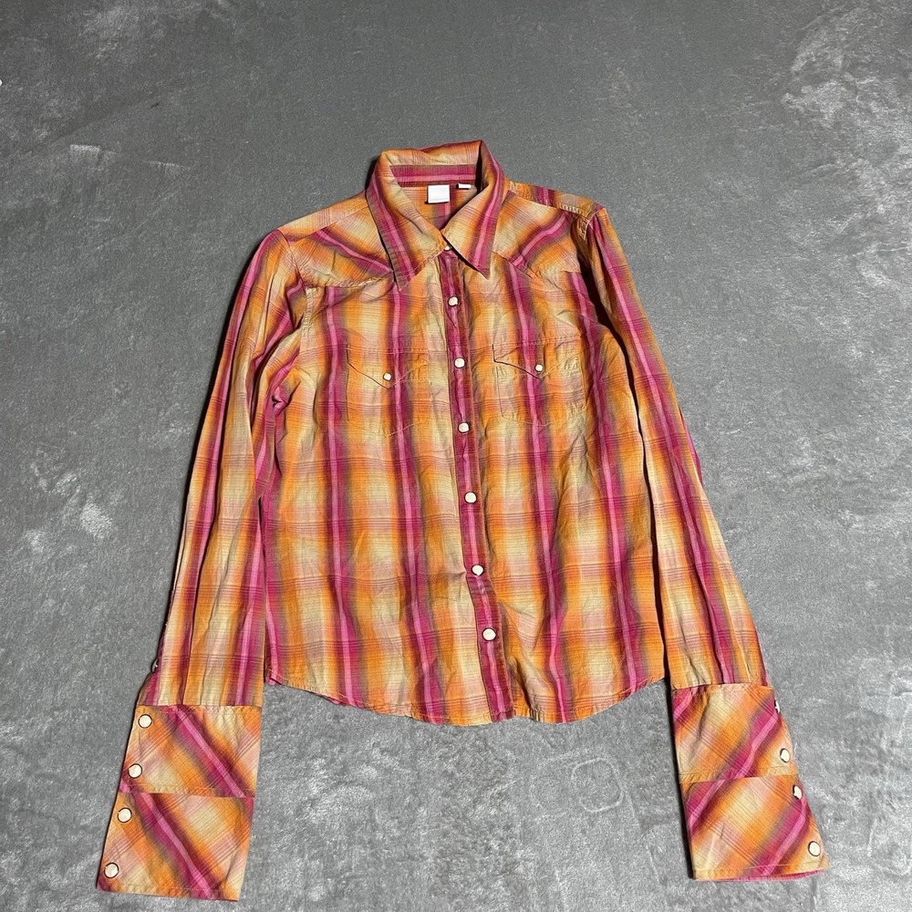 Y2K BKE Top Womens Medium Pearl Snap Western Orange Pink Point‎ Collar Cowgirl